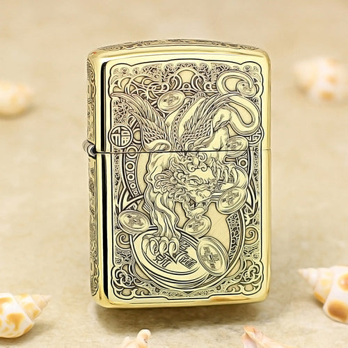 Zippo Premium Shine Bronze Chiseled Pixiu Lion and Ancient Coins - CC162