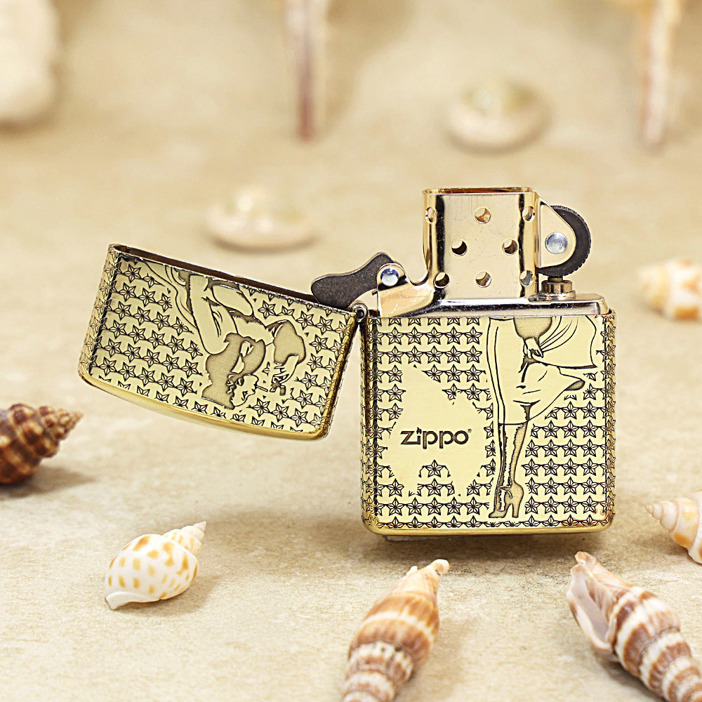 Zippo Premium Shine Bronze Chiseled Star Field Pin-Up Maiden - CC134