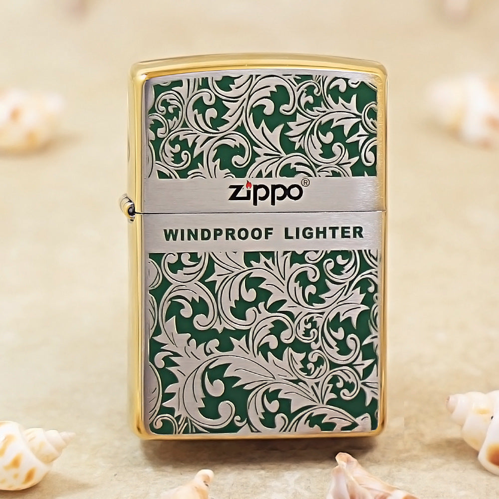 Zippo Premium Shine Bronze Green Hue Filled Arabesque Scroll - CS14