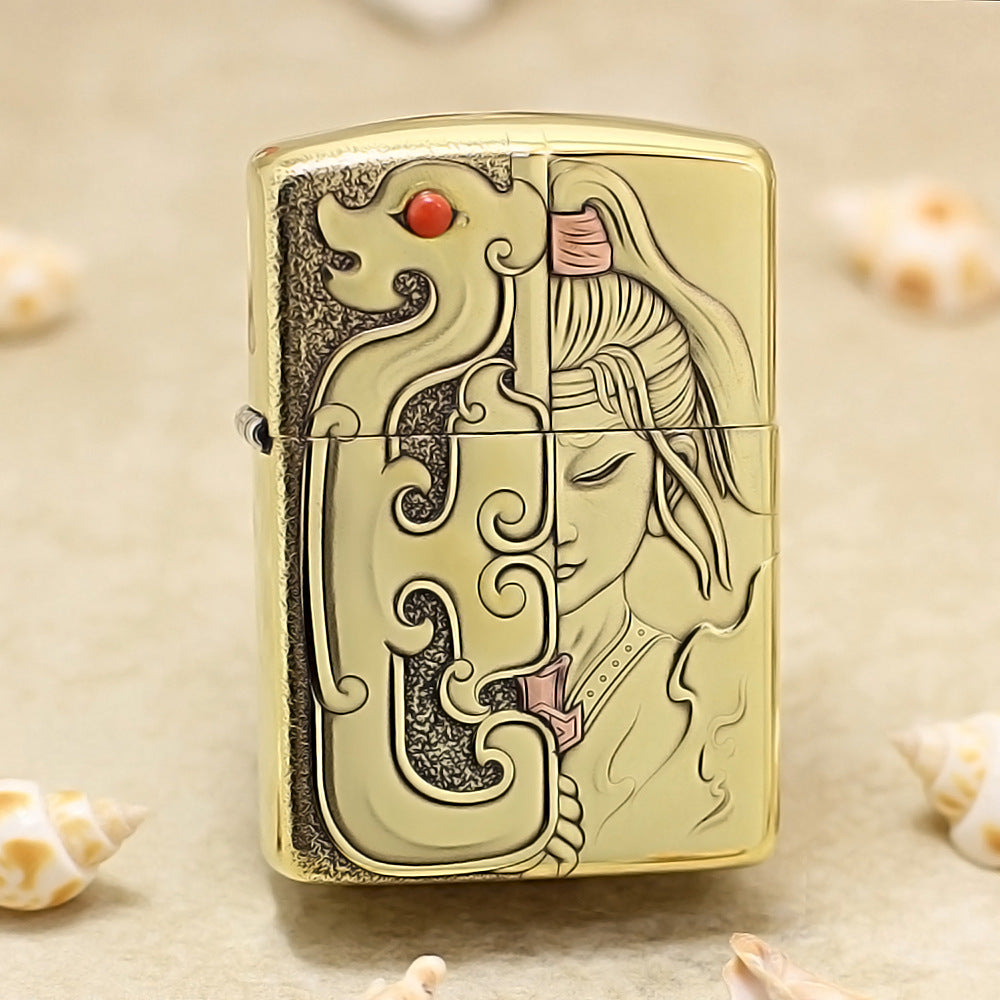 Zippo Premium Shine Bronze Mulan Serpent Jade Carving Medallion - CC111