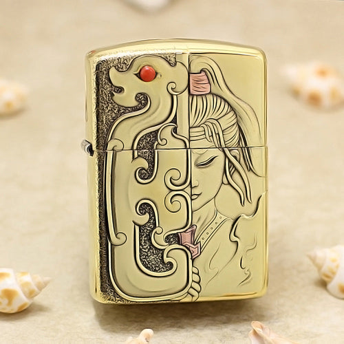Zippo Premium Shine Bronze Mulan Serpent Jade Carving Medallion - CC111