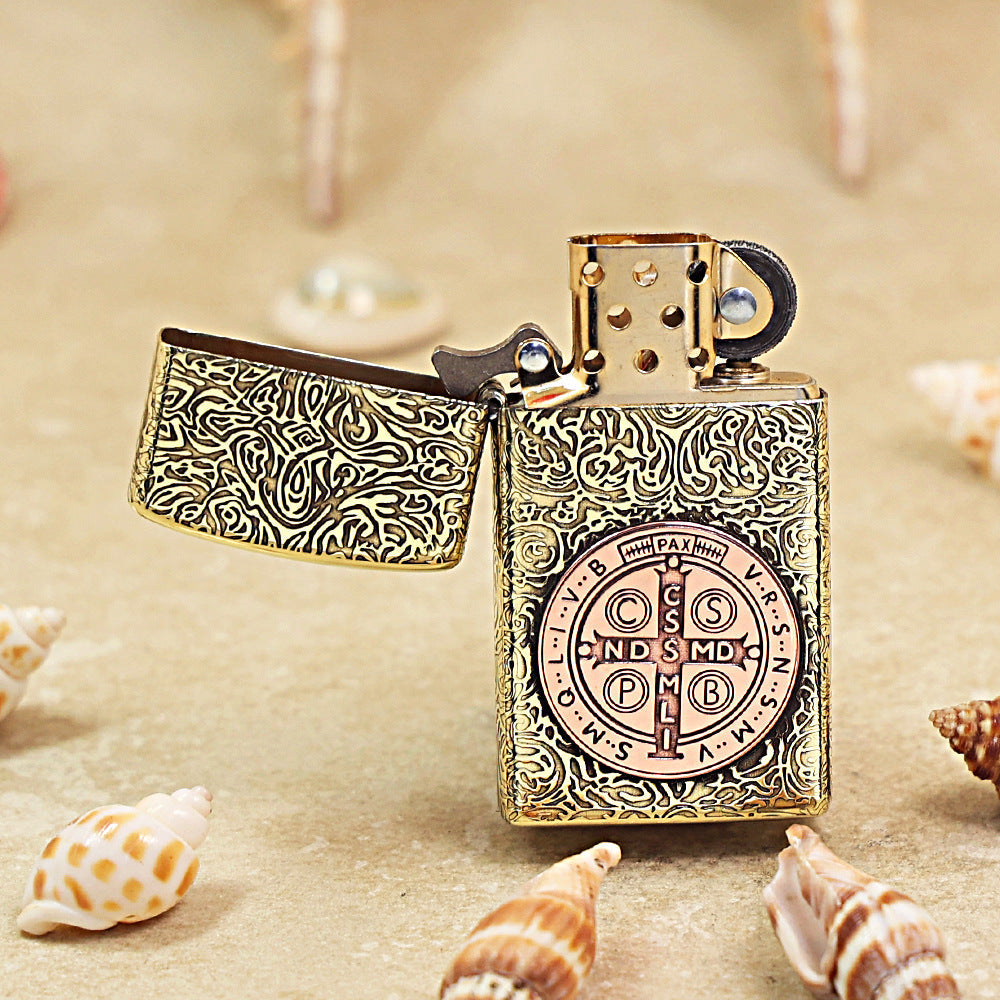 Zippo Premium Shine Bronze St. Benedict Medal Inlay - CC58