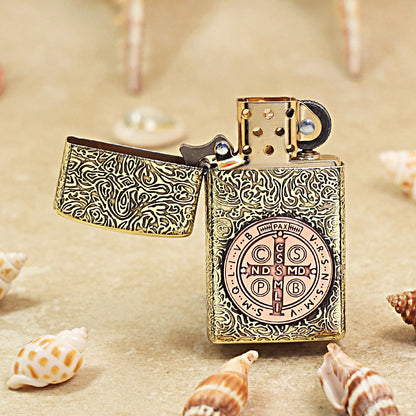 Zippo Premium Shine Bronze St. Benedict Medal Inlay - CC58