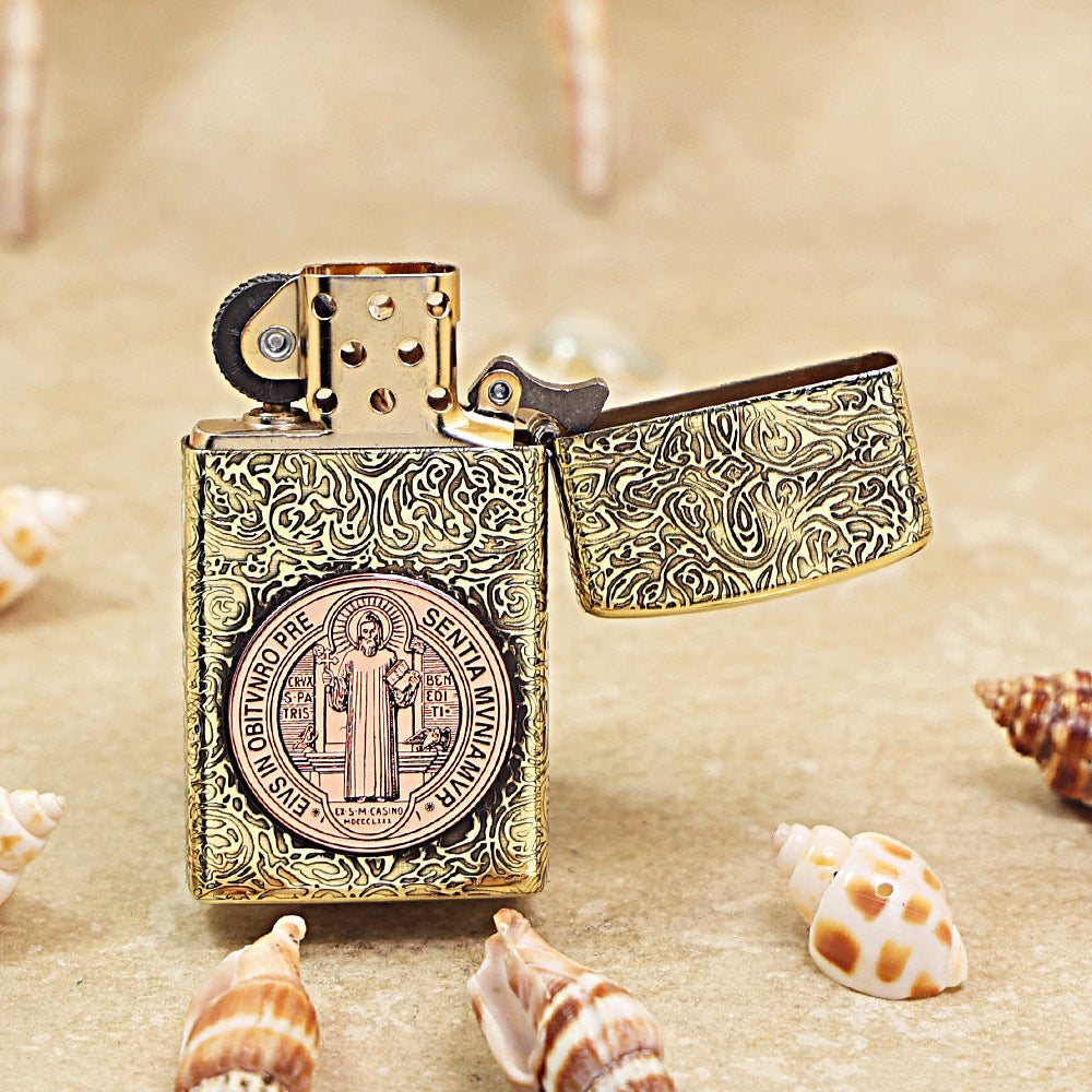 Zippo Premium Shine Bronze St. Benedict Medal Inlay - CC58