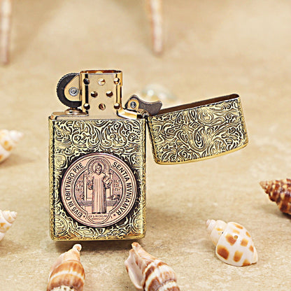 Zippo Premium Shine Bronze St. Benedict Medal Inlay - CC58