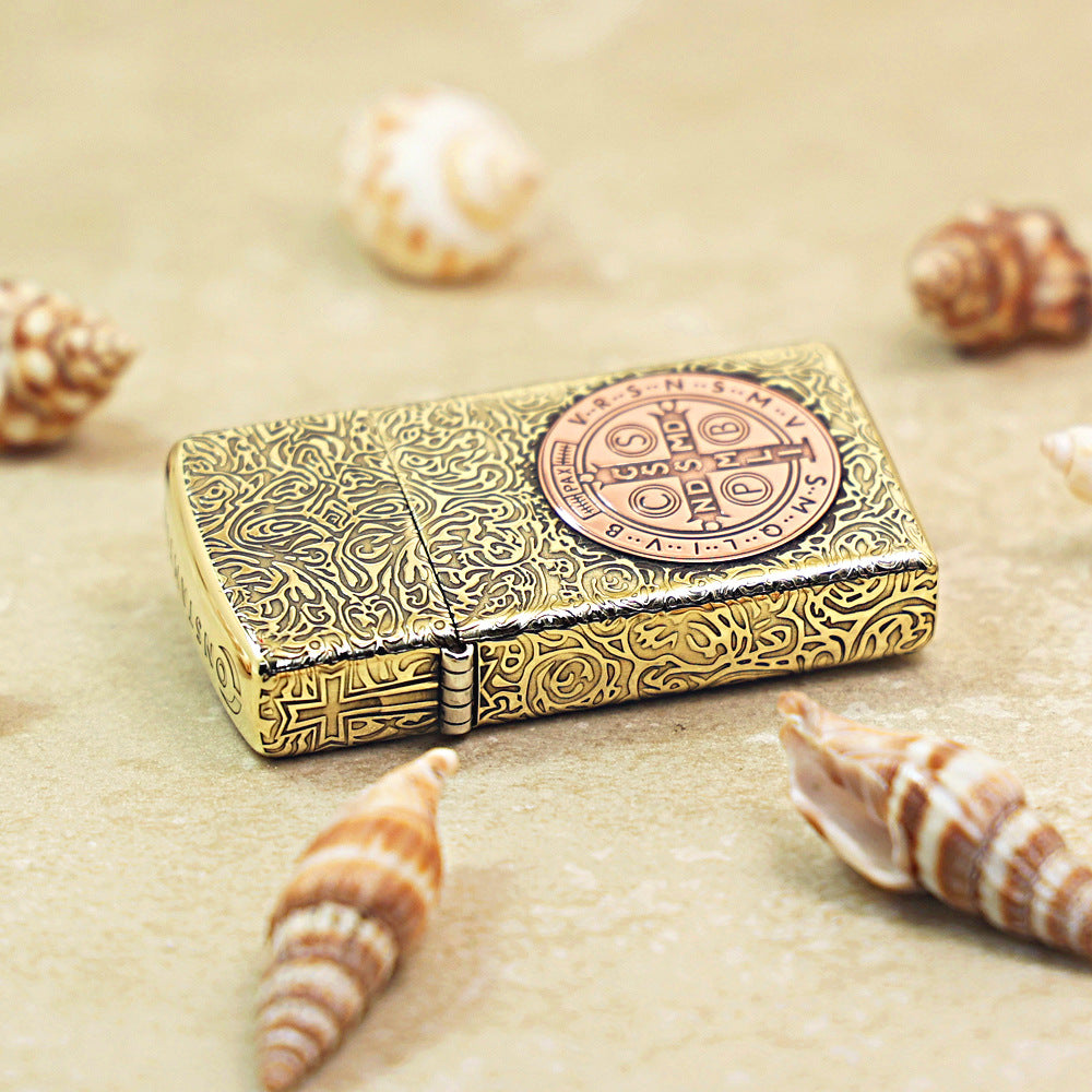Zippo Premium Shine Bronze St. Benedict Medal Inlay - CC58