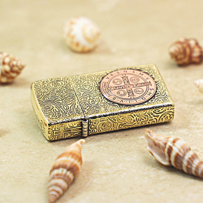 Zippo Premium Shine Bronze St. Benedict Medal Inlay - CC58