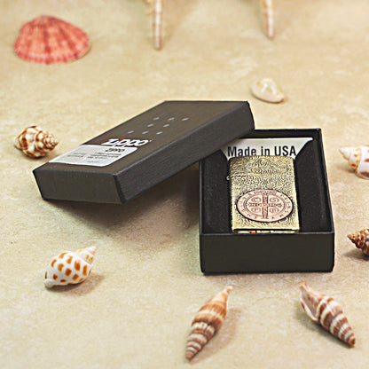 Zippo Premium Shine Bronze St. Benedict Medal Inlay - CC58