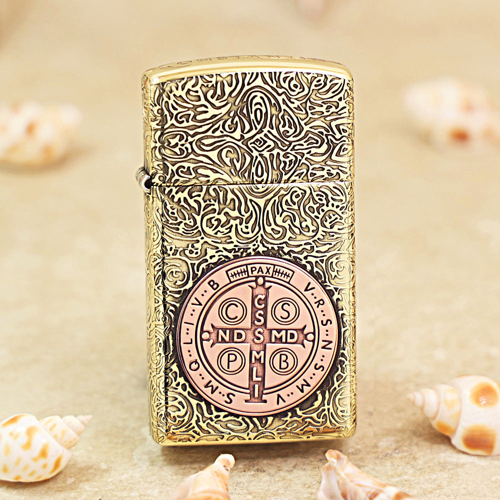 Zippo Premium Shine Bronze St. Benedict Medal Inlay - CC58