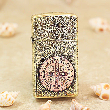 Zippo Premium Shine Bronze St. Benedict Medal Inlay - CC58