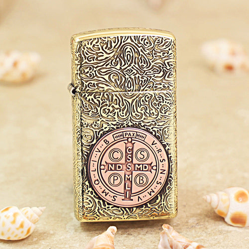 Zippo Premium Shine Bronze St. Benedict Medal Inlay - CC58