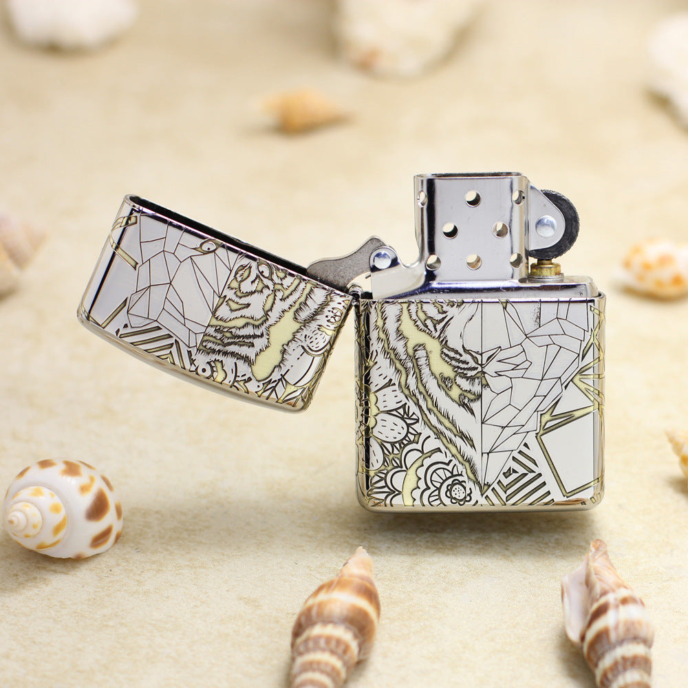 Zippo Premium Shine Steel Intricate Engraved Geometric Split Face Tiger - SC11