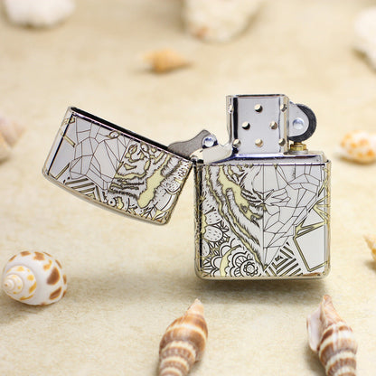 Zippo Premium Shine Steel Intricate Engraved Geometric Split Face Tiger - SC11
