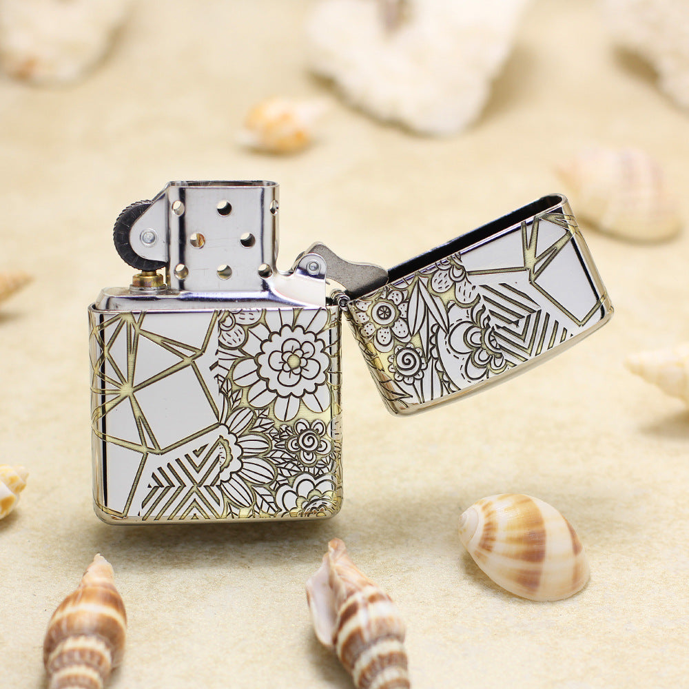 Zippo Premium Shine Steel Intricate Engraved Geometric Split Face Tiger - SC11