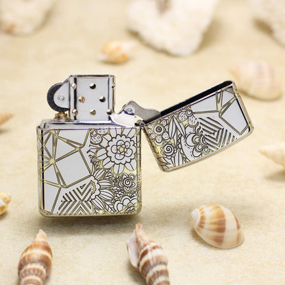 Zippo Premium Shine Steel Intricate Engraved Geometric Split Face Tiger - SC11
