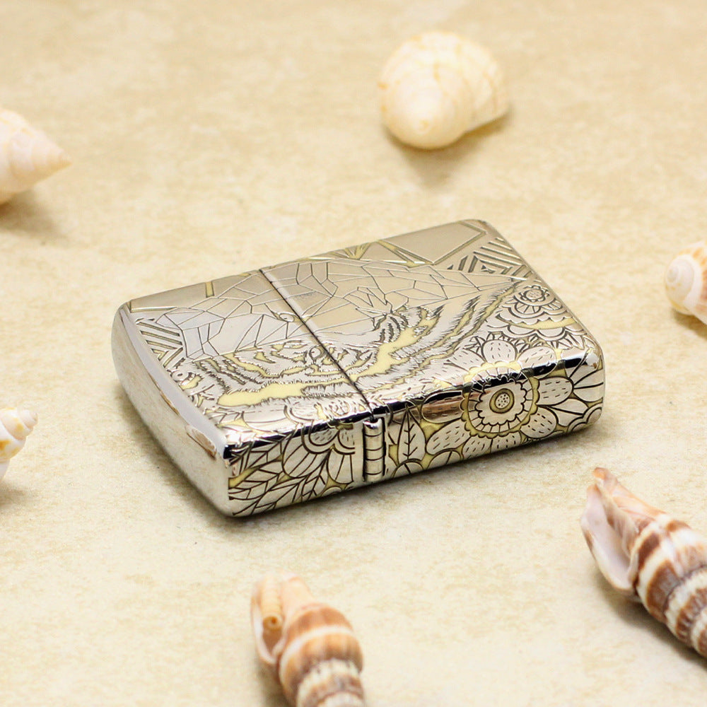 Zippo Premium Shine Steel Intricate Engraved Geometric Split Face Tiger - SC11
