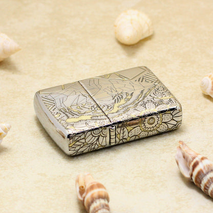 Zippo Premium Shine Steel Intricate Engraved Geometric Split Face Tiger - SC11