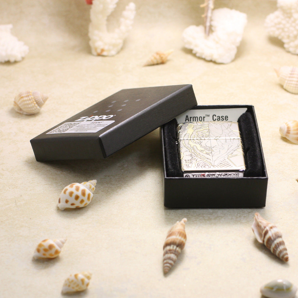 Zippo Premium Shine Steel Intricate Engraved Geometric Split Face Tiger - SC11