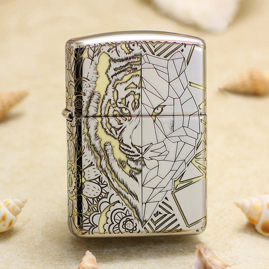 Zippo Premium Shine Steel Intricate Engraved Geometric Split Face Tiger - SC11