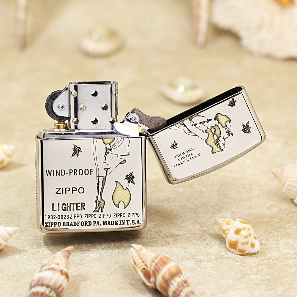 Zippo Premium Shine Steel Chiseled Pin-Up Maiden with Falling Leaves - SC04