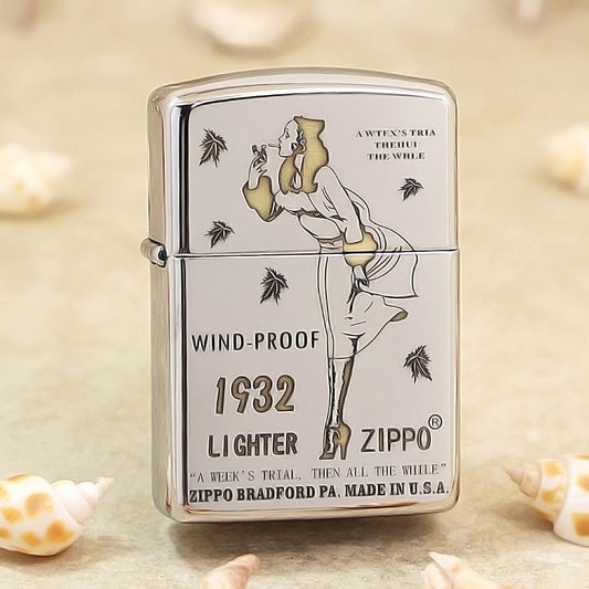 Zippo Premium Shine Steel Chiseled Pin-Up Maiden with Falling Leaves - SC04