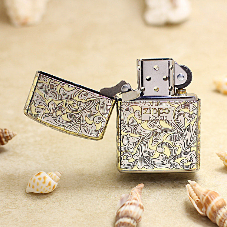 Zippo Premium Shine Gold Intricate Engraved Surrounding Arabesque Scroll - SC12