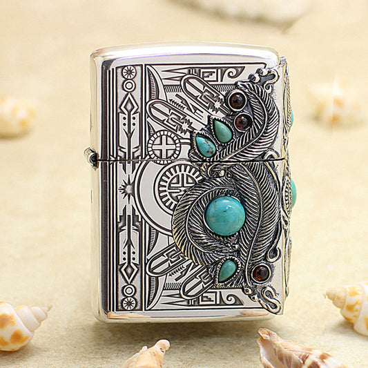 Zippo New Native American Three-Sided Feather Turquoise - JP48