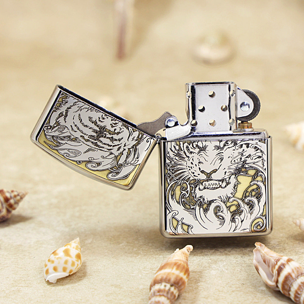 Zippo Argent Intricate Engraved Ferocious Tiger Head in Waves - SC31