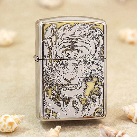 Zippo Argent Intricate Engraved Ferocious Tiger Head in Waves - SC31