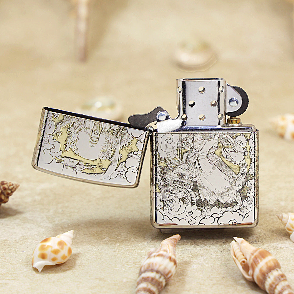 Zippo Argent Intricate Engraved Guan Gong General and Serpent - SC10