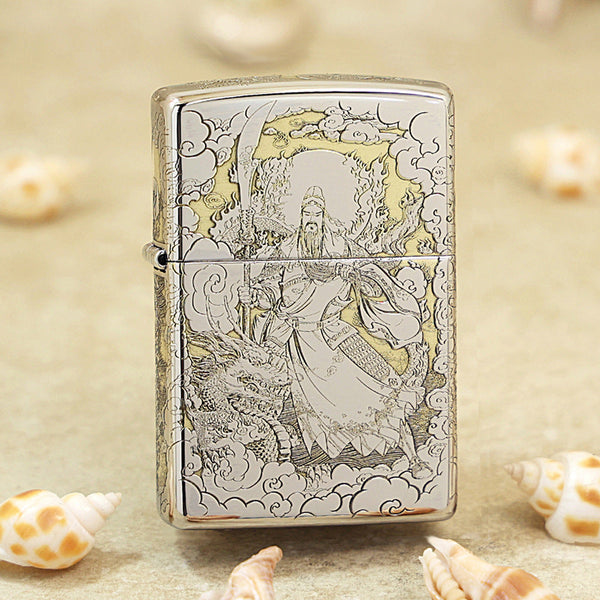 Zippo Argent Intricate Engraved Guan Gong General and Serpent - SC10