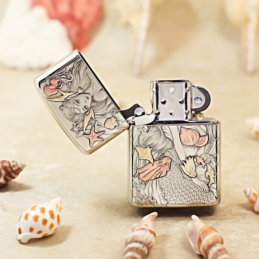 Zippo Argent Intricate Engraved Mermaid and Ocean Fantasy - CM09