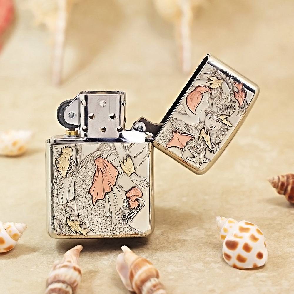Zippo Argent Intricate Engraved Mermaid and Ocean Fantasy - CM09
