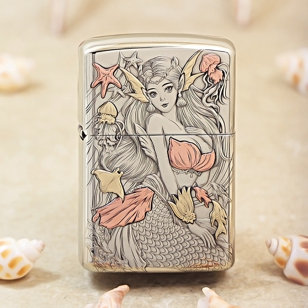 Zippo Argent Intricate Engraved Mermaid and Ocean Fantasy - CM09