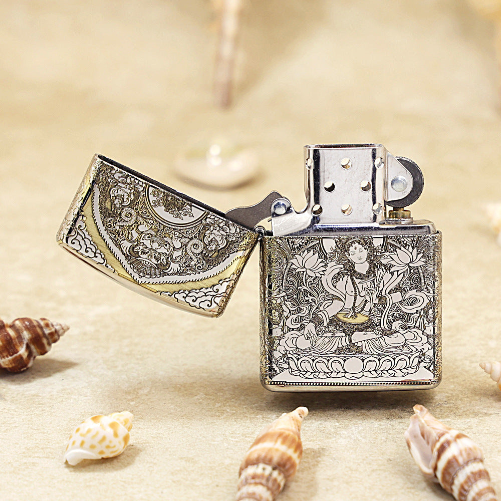 Zippo Argent Intricate Engraved White Tara Bodhisattva on Lotus - SC28