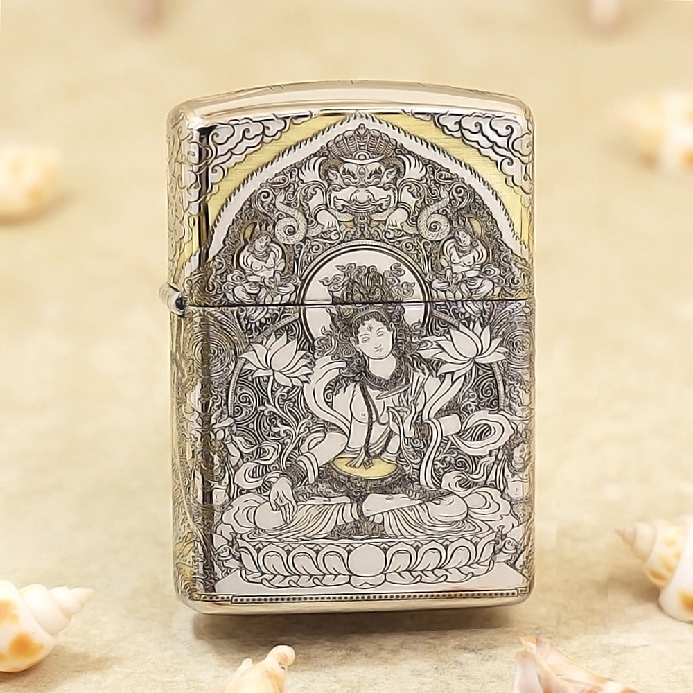 Zippo Argent Intricate Engraved White Tara Bodhisattva on Lotus - SC28