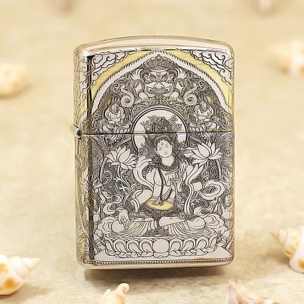 Zippo Argent Intricate Engraved White Tara Bodhisattva on Lotus - SC28