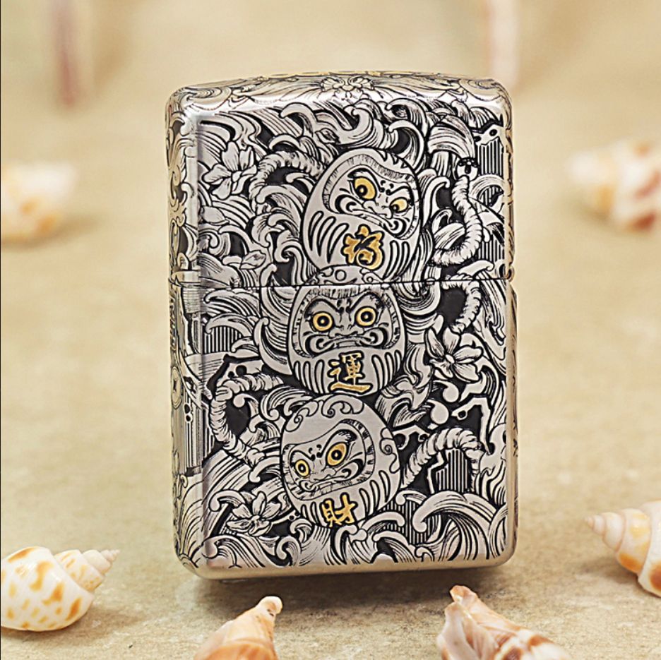 Zippo Argent and Gold Intricate Engraved Koi Fish in Waves - CM04