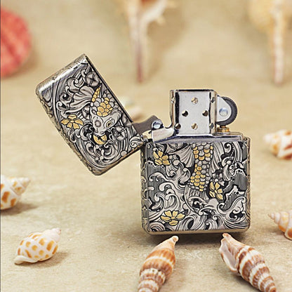 Zippo Argent and Gold Intricate Engraved Koi Fish in Waves - CM04