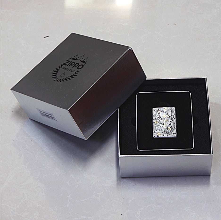 Zippo Argent and Gold Intricate Engraved Koi Fish in Waves - CM04