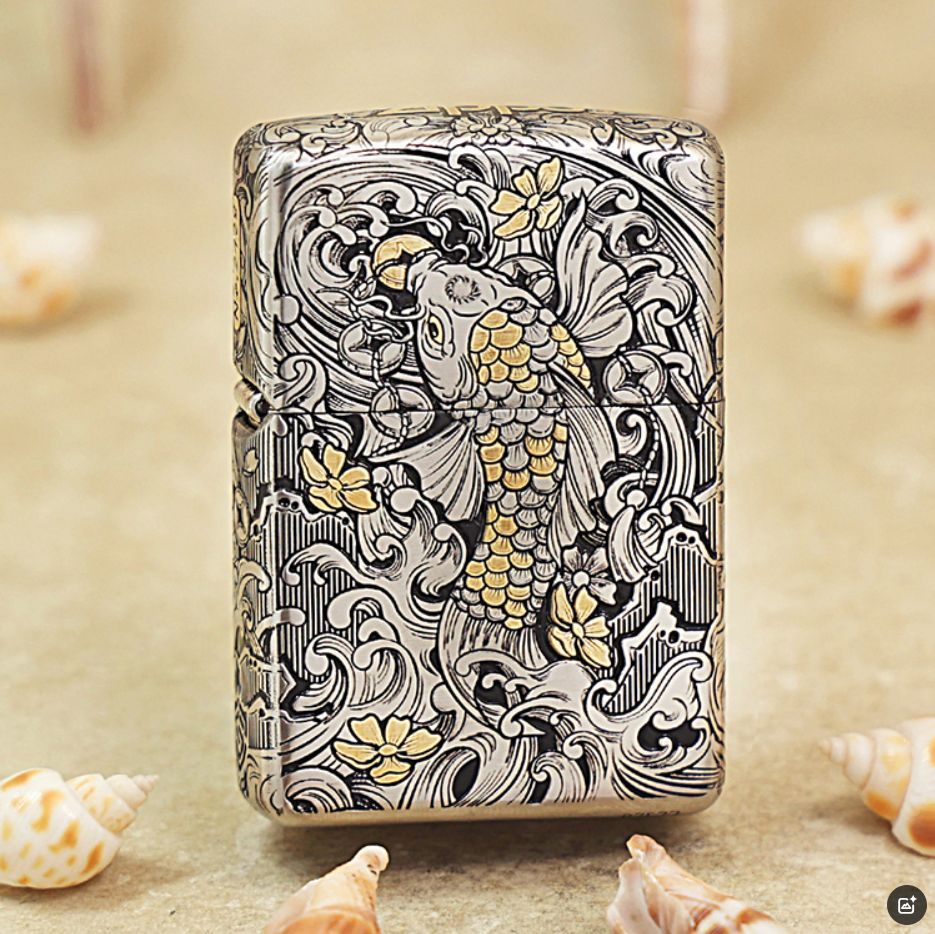 Zippo Argent and Gold Intricate Engraved Koi Fish in Waves - CM04