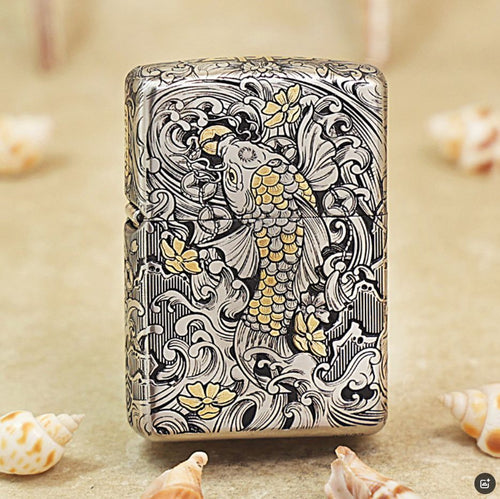Zippo Argent and Gold Intricate Engraved Koi Fish in Waves - CM04