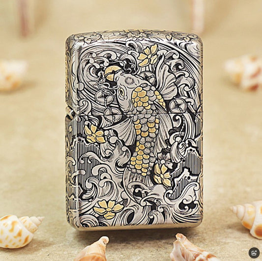 Zippo Argent and Gold Intricate Engraved Koi Fish in Waves - CM04