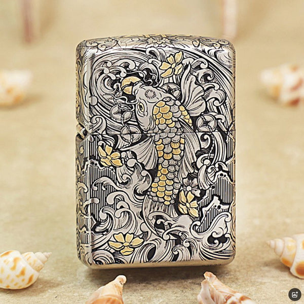 Zippo Argent and Gold Intricate Engraved Koi Fish in Waves - CM04