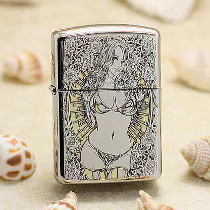 Zippo Argent and Gold Intricate Engraved Rose Frame Pin-Up Maiden - SC24