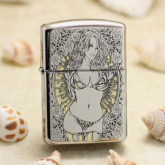 Zippo Argent and Gold Intricate Engraved Rose Frame Pin-Up Maiden - SC24