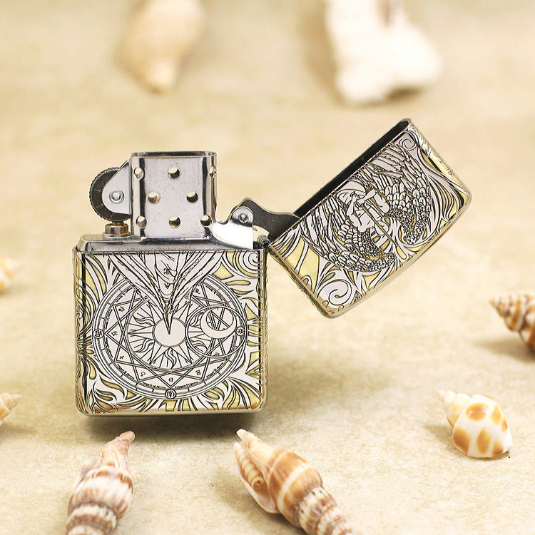 Zippo Argent and Gold Intricate Engraved Winged Figure and Sacred Geometry - SC32