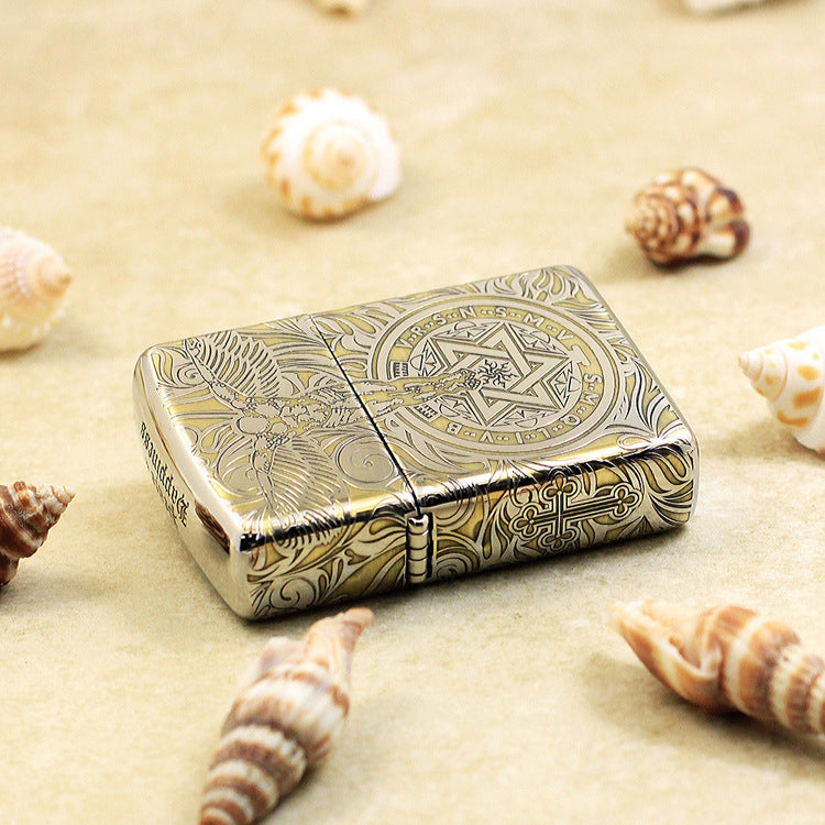 Zippo Argent and Gold Intricate Engraved Winged Figure and Sacred Geometry - SC32