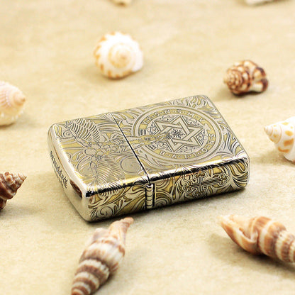 Zippo Argent and Gold Intricate Engraved Winged Figure and Sacred Geometry - SC32