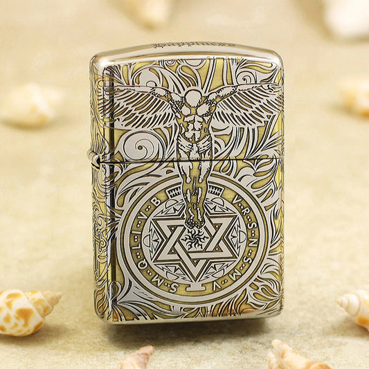 Zippo Argent and Gold Intricate Engraved Winged Figure and Sacred Geometry - SC32